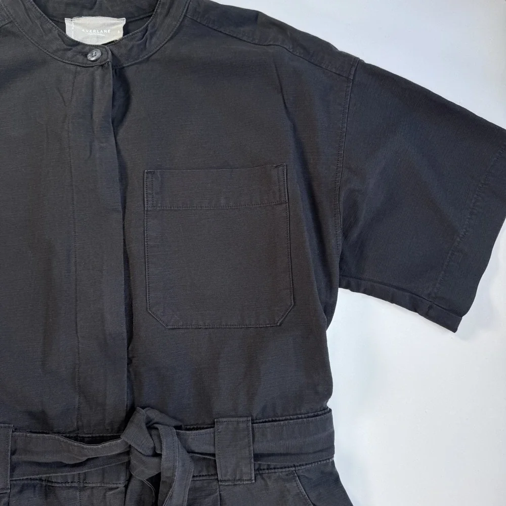 EVERLANE Fatigue Short Sleeve Jumpsuit Womens 8 Faded Black Organic Cotton/Linen